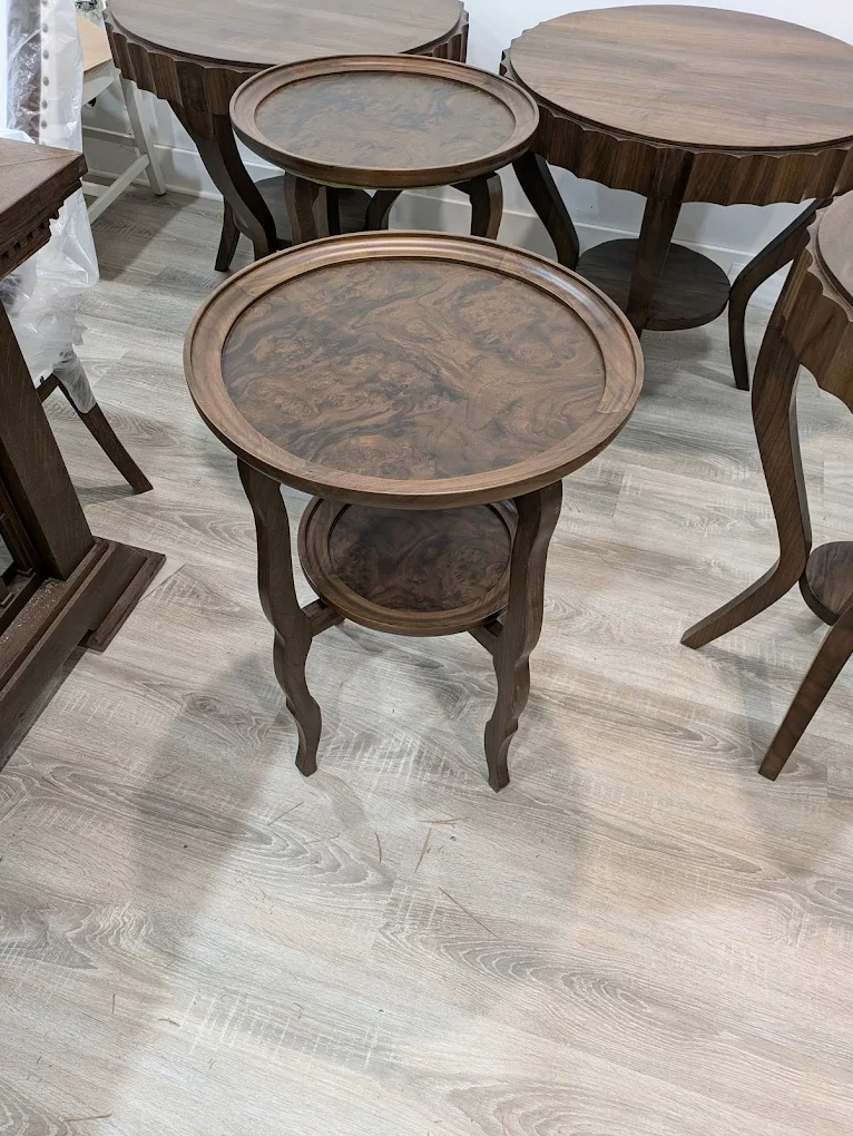 Set of walnut side tables with burl tops and lower shelves
